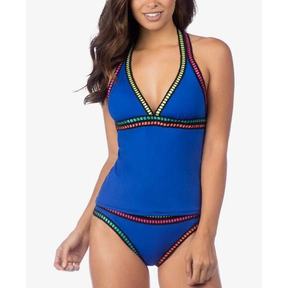 La Blanca Women's Blue Crochet Trim Tankini Halter One Piece Swimsuit Size 12 - Picture 1 of 7